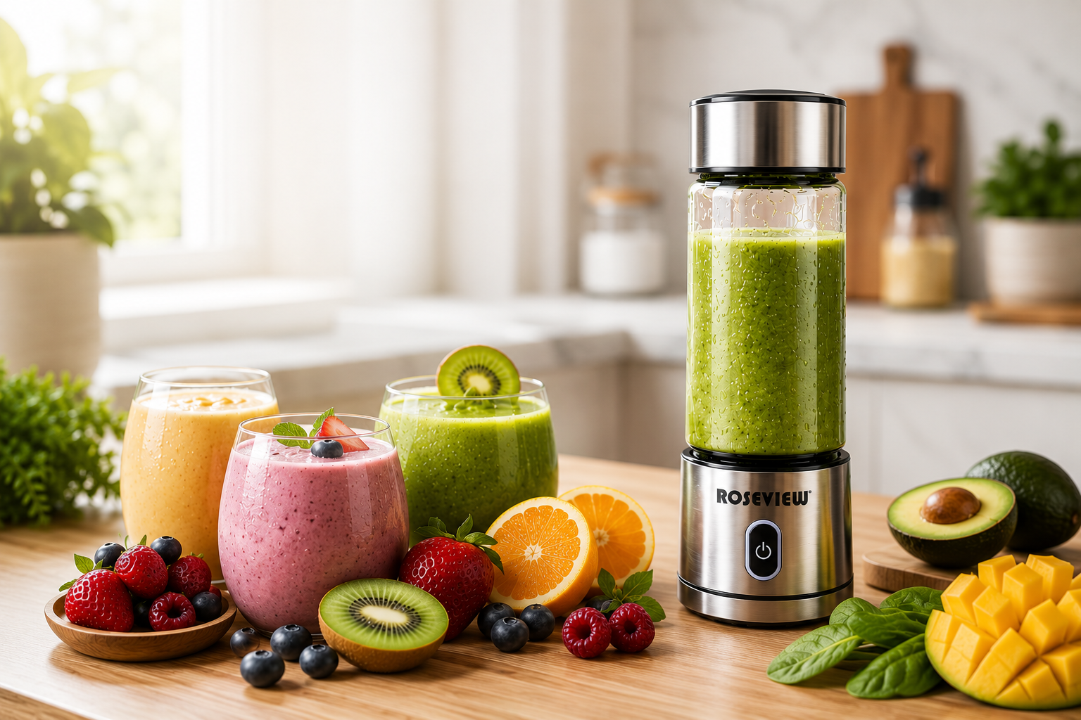 A ROSVIEW personal blender filled with green smoothie stands on a wooden countertop in a bright kitchen setting, surrounded by fresh fruits including strawberries, blueberries, kiwi, orange slices, avocado, and mango. Two more smoothies are visible in the background.
