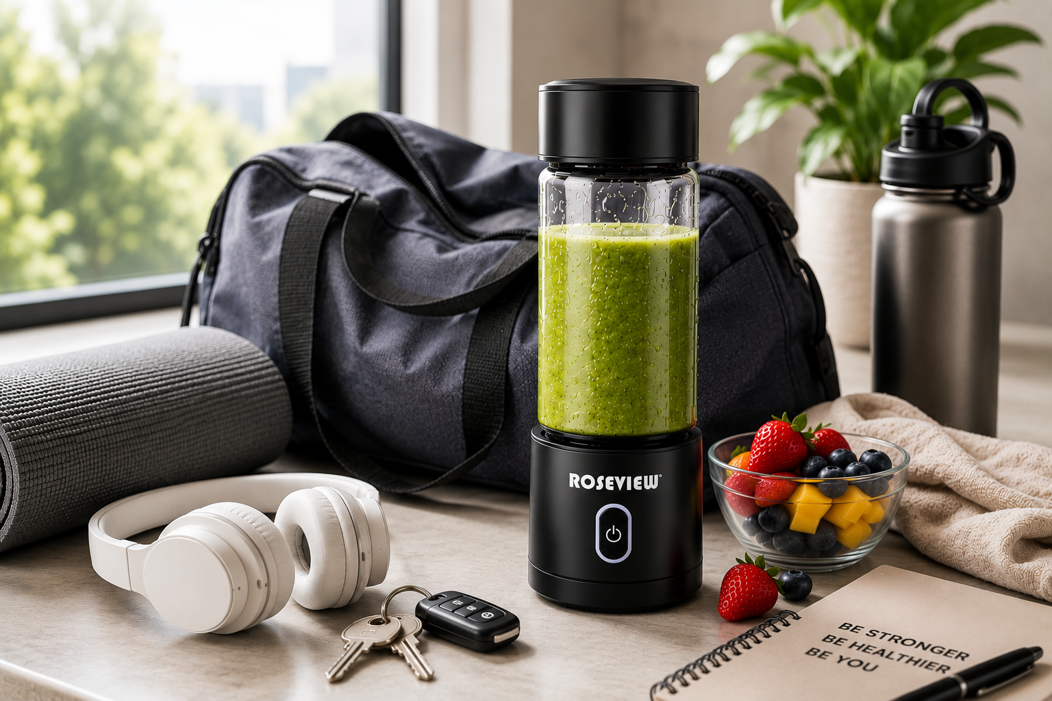 A portable electric blender bottle filled with green smoothie sits on a tabletop in a styled lifestyle setting. The bottle has a black base and lid with the brand name ROSEVIEW visible on the front.